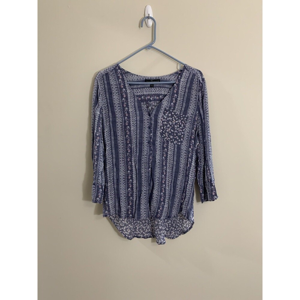 Fred David Women’s Blue Pink Florally Print Blouse 3/4 Sleeve Size Petite Large